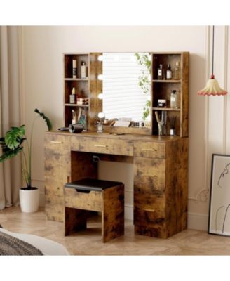 LED Lighted Vanity Desk with Mirror, Makeup Table with Adjustable Brightness and Open Shelves, Brown