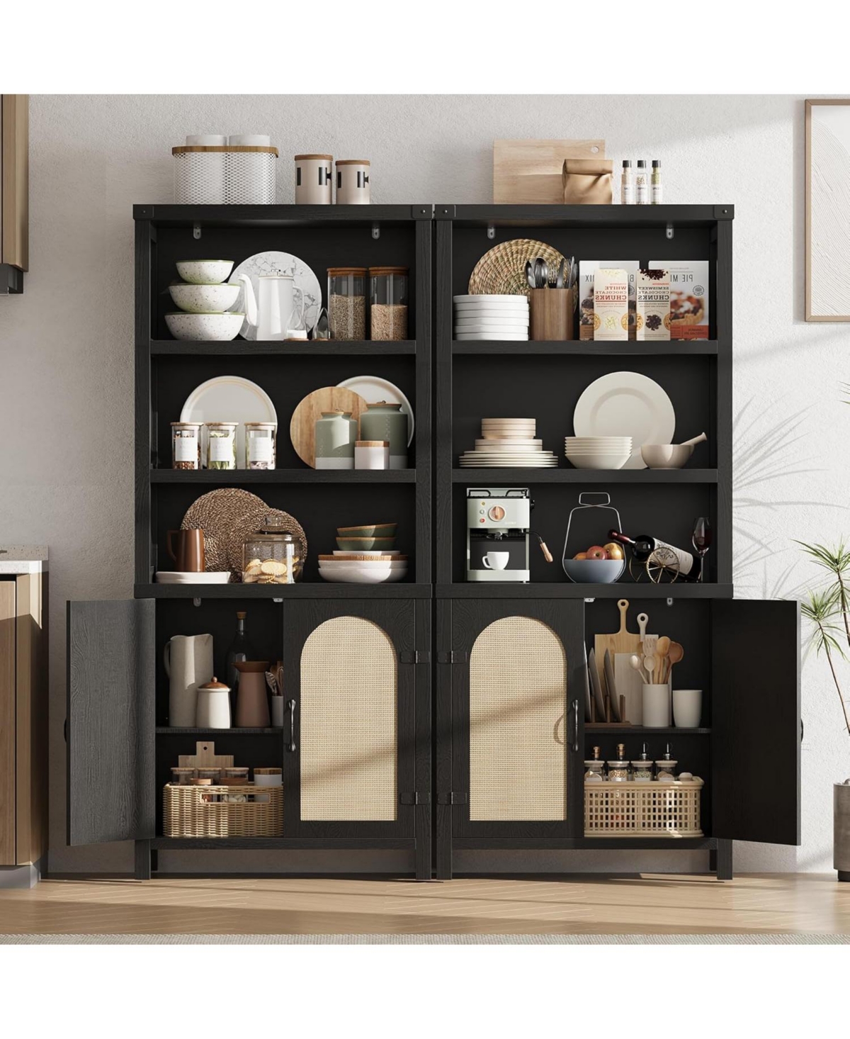 gaomon 70" Tall Farmhouse Bookshelf with Rattan Doors, 3-Tier Open Bookcase with Adjustable Shelves, Black