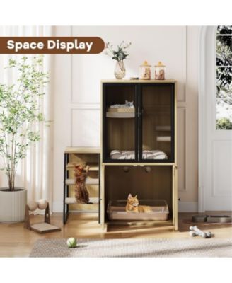 2-in-1 Cat Litter Box Enclosure Furniture with Doors, Double Layer Cat House and Storage Cabinet, Beige