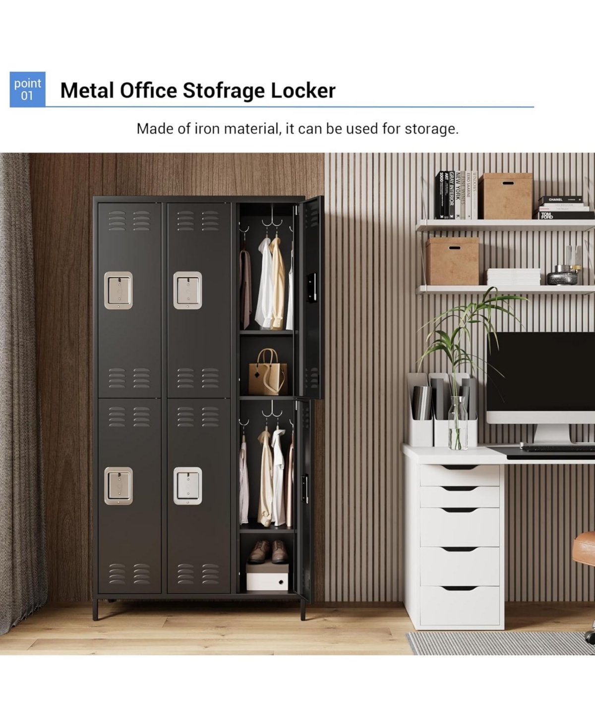 gaomon 72" Tall 6-Door Metal Office Storage Cabinet with Hooks and Shelves, Steel Locker Cabinet for Office or Gym, Black