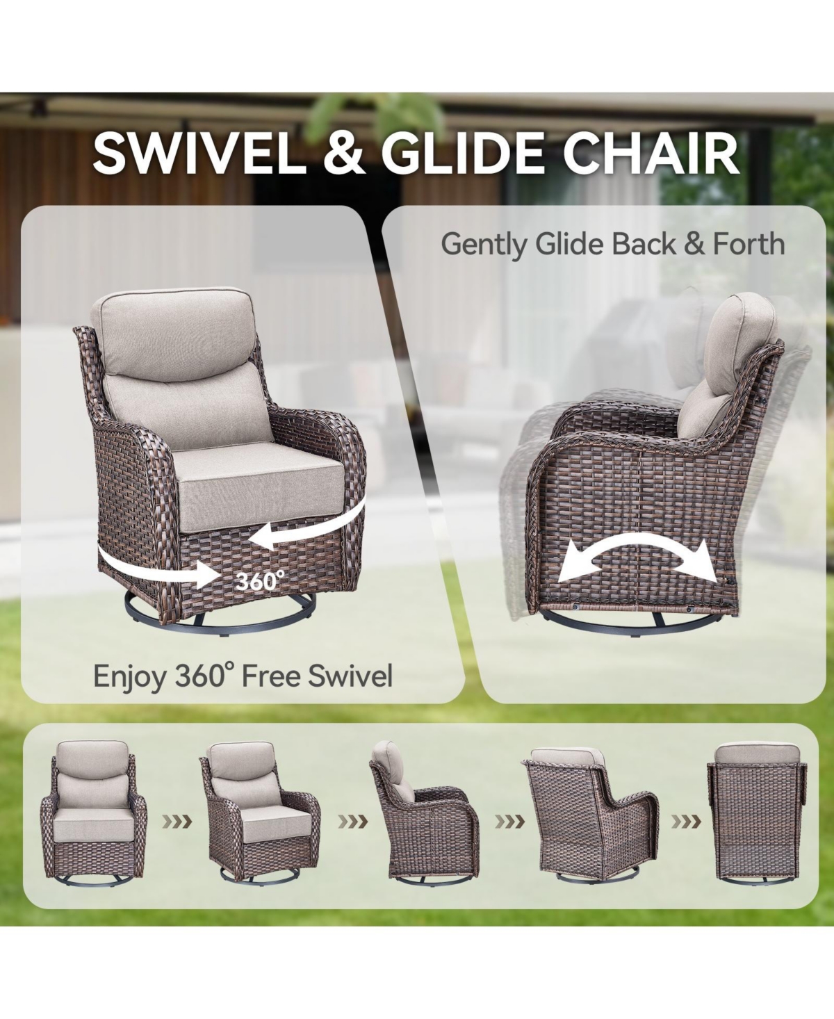 Gymojoy Crescent Brown Wicker Fire Pit Conversation Set with Olefin 6 In. Thick Cushions Patio Swivel Chairs (5-Piece)