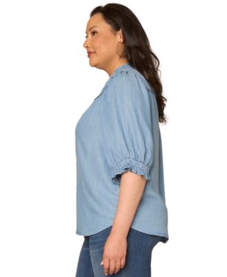 Plus Size Below Elbow Cinched Band-Sleeve Button-Down Top