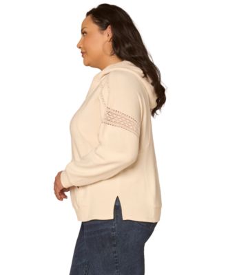 Plus Size Half Placket Mixed Media Pull-On Top