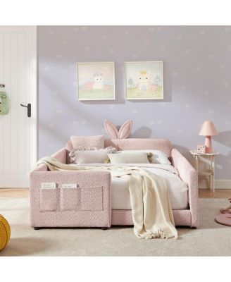Full Size Boucle Rabbit Ear Platform Bed with Safety Rail & Pocket, Pink