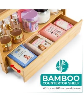 2-Tier Bamboo Counter Organizer with Drawer Bamboo for Vanity, Matcha Station, Bathroom Sink Organizer Countertop, Kitchen & Office Storage