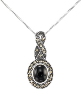 Marcasite (1/2 ct. t.w.) and Onyx (1-1/2 ct. t.w.) Pendant Necklace in Sterling Silver