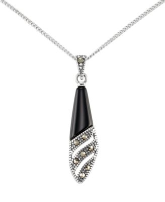 Marcasite (0.12 ct. t.w.) and Onyx (3/4 ct. t.w.) Pendant Necklace in Sterling Silver