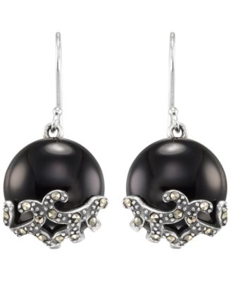 Marcasite (0.17 ct. t.w.) and Onyx (6 ct. t.w.) Dangle Earrings in Sterling Silver