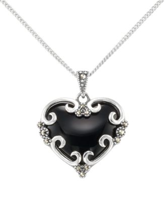 Marcasite (0.09 ct. t.w.) and Onyx (4 ct. t.w.) Heart Pendant Necklace in Sterling Silver