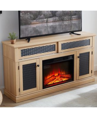 Embossed Pattern TV Stand with 23" Fireplace, Media Console, Light Oak, 58.27"W