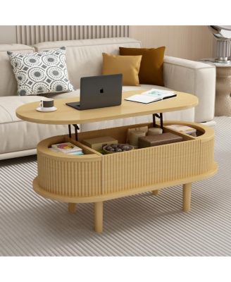 Fluted Lift Top Coffee Table with Hidden Compartment, Modern Oval Lift Tabletop