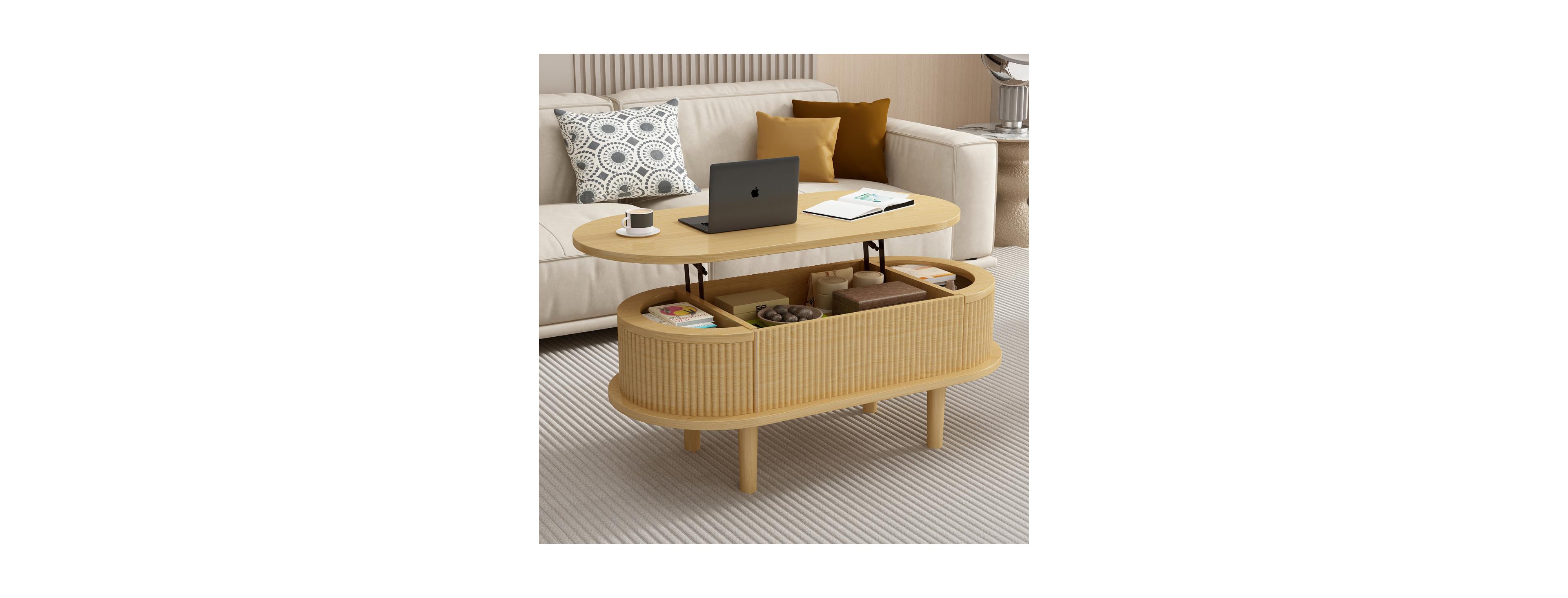 Streamdale Furniture Fluted Lift Top Coffee Table with Hidden Compartment, Modern Oval Lift Tabletop