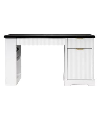 55" Modern Fluted Office Desk with Storage, Drawers, Power Outlet & Keyboard Tray