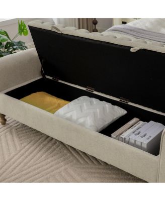  Modern Upholstered Storage Bench with Rolled Armrest, Griege