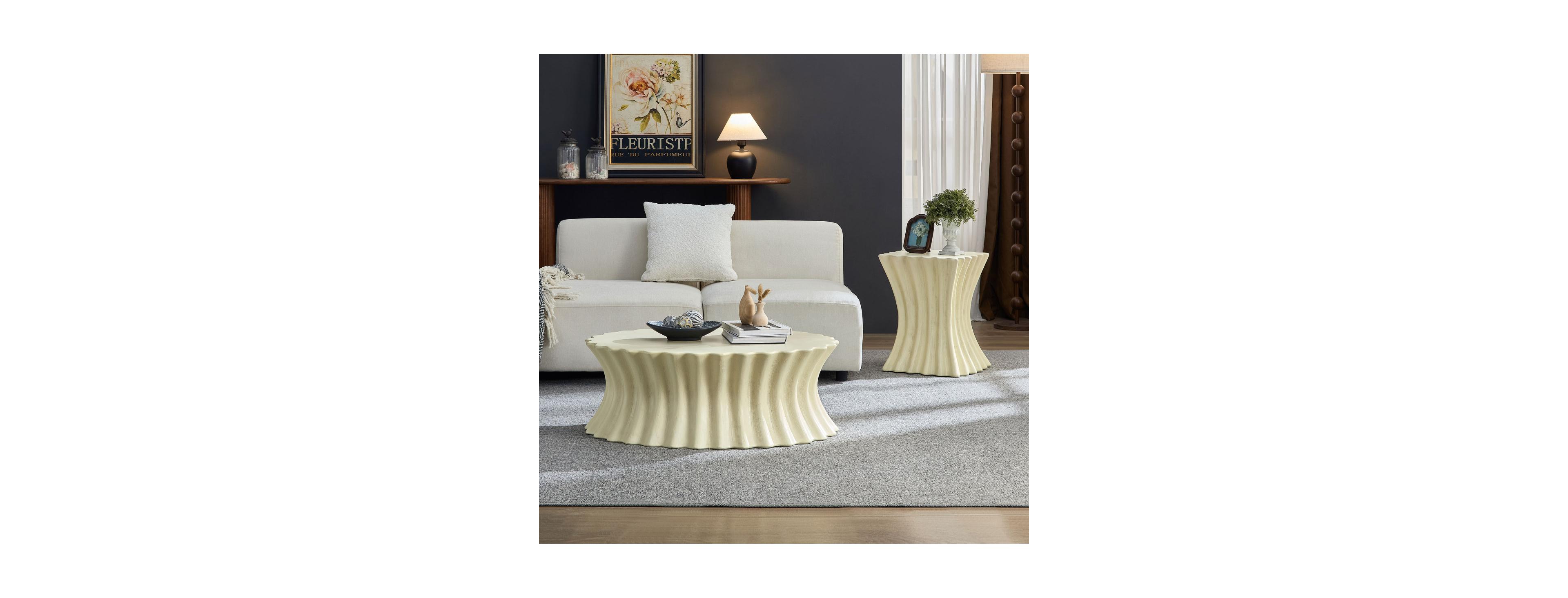 Streamdale Furniture Set of 35.04"+15.16" Coffee Table Vintage Fiberglass Table Beige