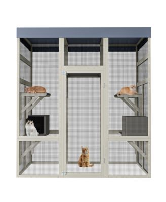 Gray Wooden Outdoor Catio with 2 Napping Boxes