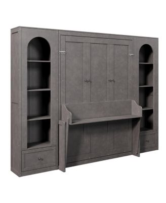 Queen Size Murphy Platform Bed with Shelf, Side Cabinets, Drawers and LED