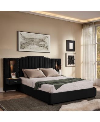 Queen Size Velvet Upholstered Bed Frame with Vertical Stripes