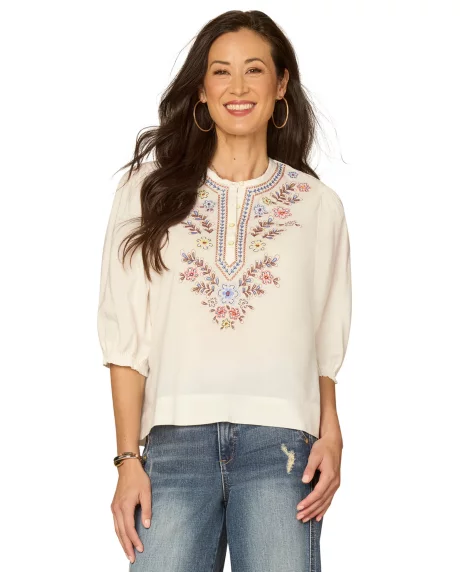 Petite Below-Blouson Pleated Sleeve Crew Neck Woven Top - Off White Multi