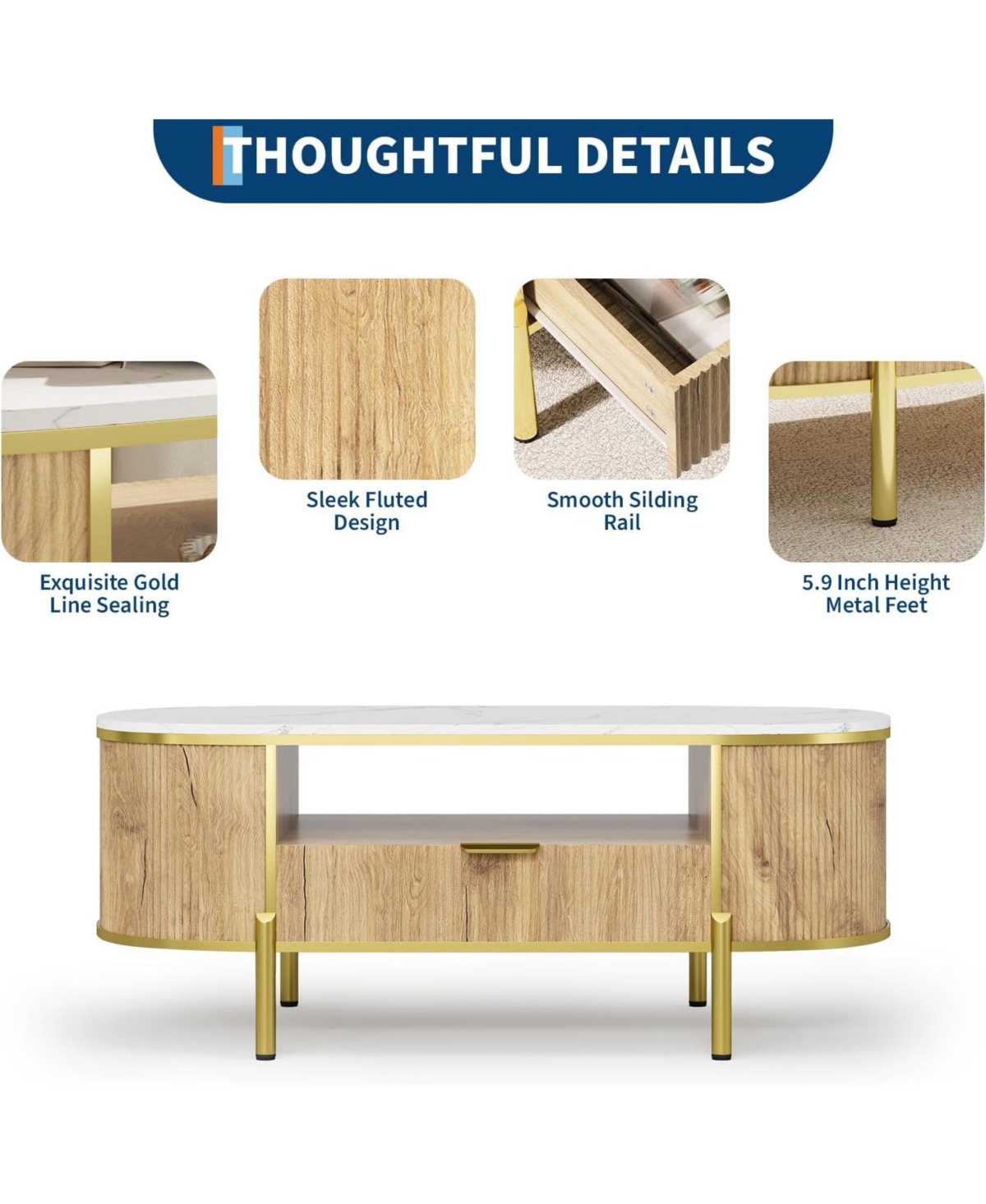 gaomon 48" Oval Coffee Table with Fluted Design & Faux Marble Top, Modern Luxury Center Table with Drawers for Living Room