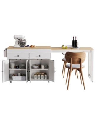 74.5" Extendable Dining Table Kitchen Island Cart with Wheels, White