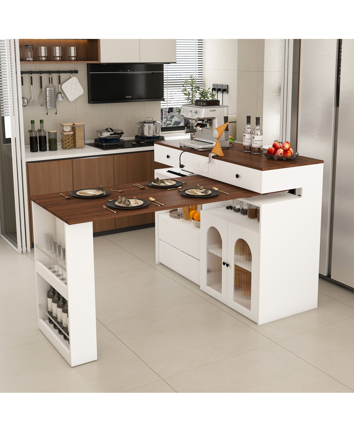 Streamdale Furniture Kitchen Island with Extendable Rotating Table, Walnut Veneer, 4 Drawers, Glass Cabinets