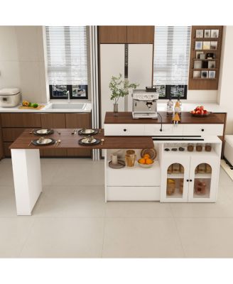  Kitchen Island with Extendable Rotating Table, Walnut Veneer, 4 Drawers, Glass Cabinets