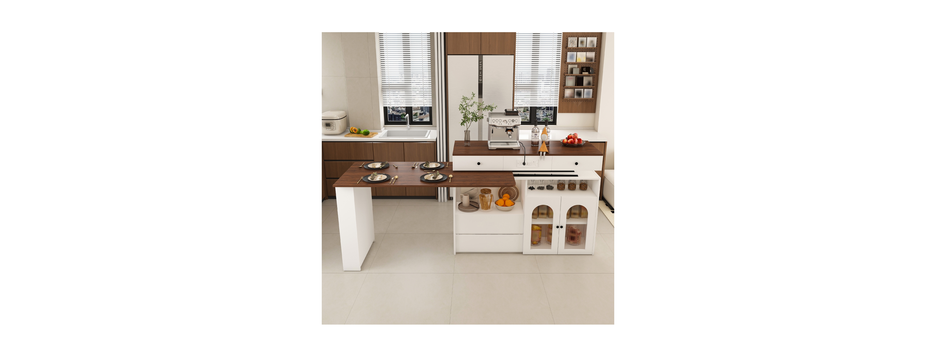 Streamdale Furniture Kitchen Island with Extendable Rotating Table, Walnut Veneer, 4 Drawers, Glass Cabinets