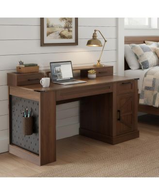 55" Farmhouse Office Desk with Storage, Barn Door Design, Keyboard Tray, Monitor Stand