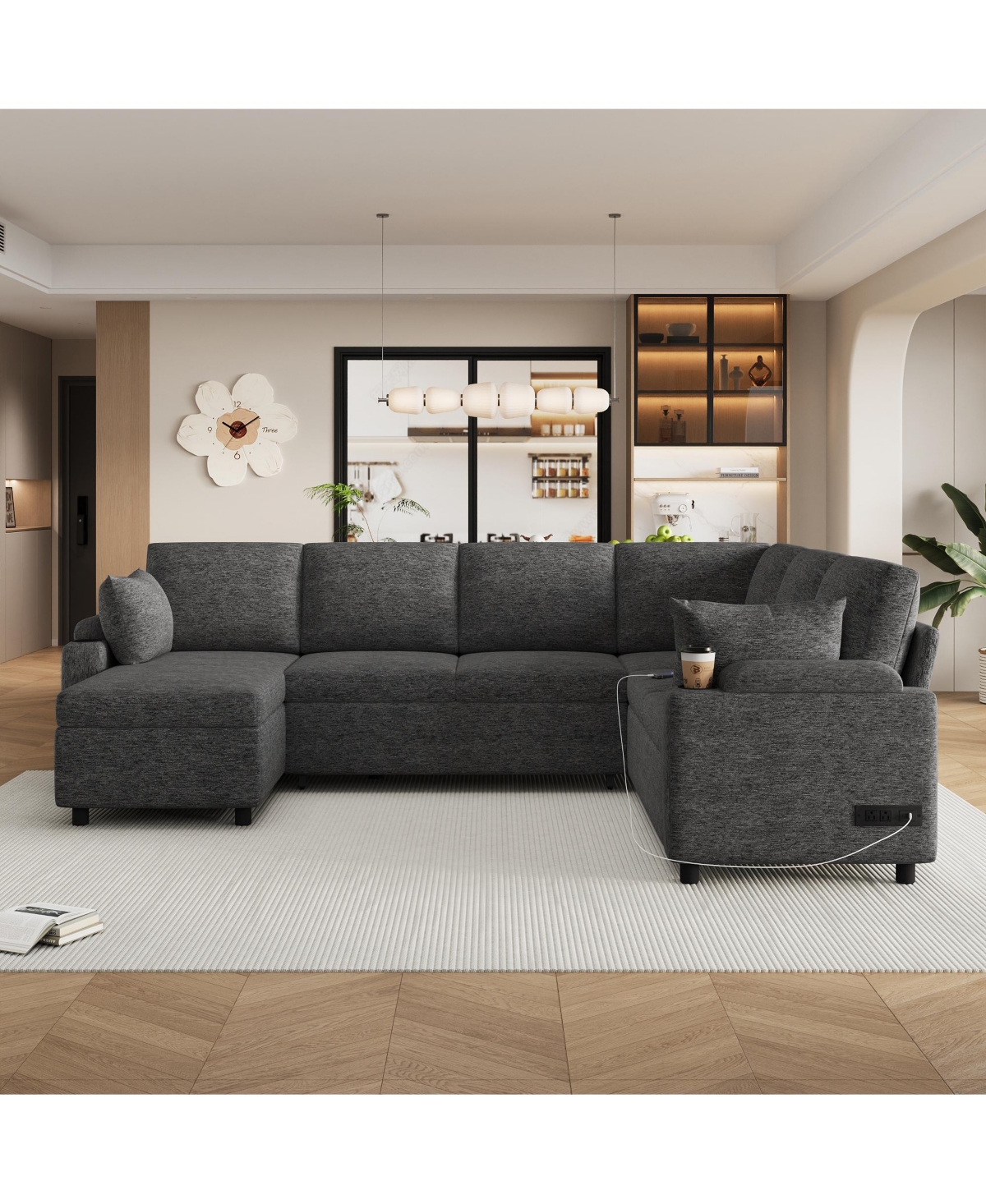 Lovmor Beige/Grey 110 Inch U shaped Sectional Sofa Bed with Storage Cup Holders Charging Ports