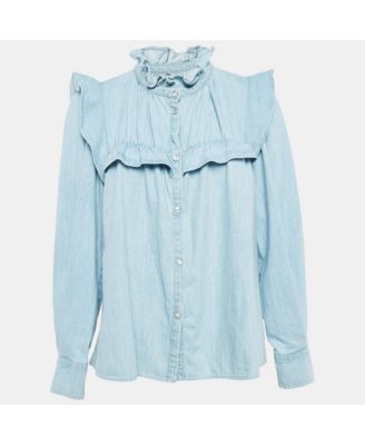 Women's Etoile Light Blue Denim Button Front Ruffled Blouse