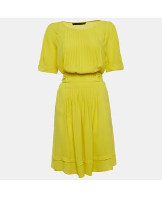 Women's Yellow Silk Puff Sleeve Pleated Mini Dress