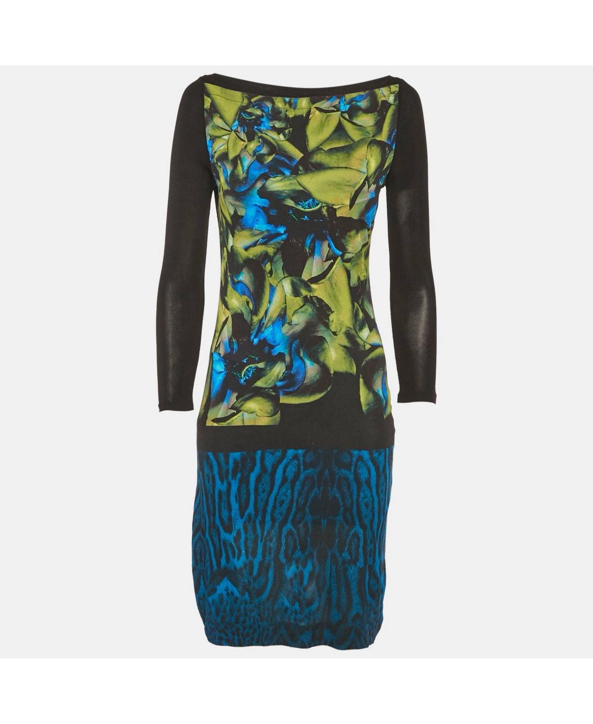 Pre-Owned Roberto Cavalli Women's Black/blue Printed Jersey Mini Dress