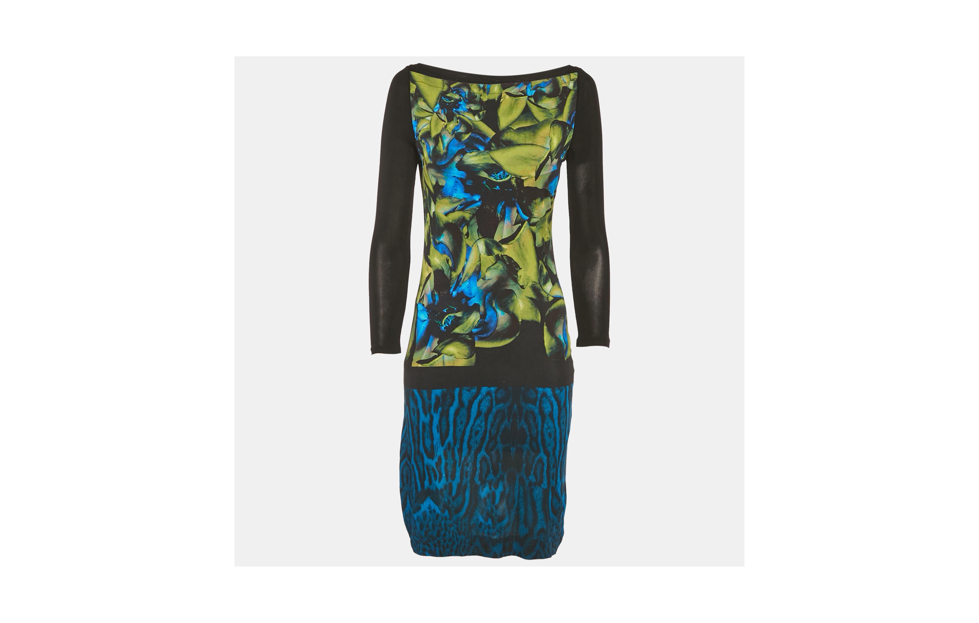 Pre-Owned Roberto Cavalli Women's Black/blue Printed Jersey Mini Dress