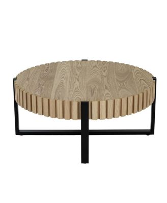 Round Handcraft Drum Coffee Table with Gear Design & Cross Metal Base, 31.5" Modern Compact Table