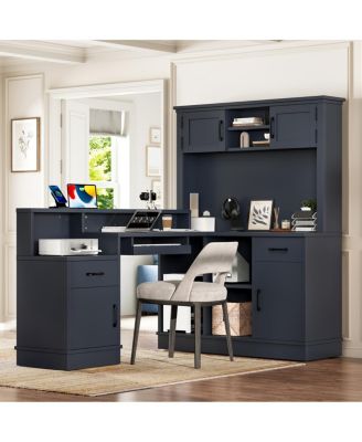 L-Shaped Computer Desk with Outlet, Drawers, Bookshelf, Blue