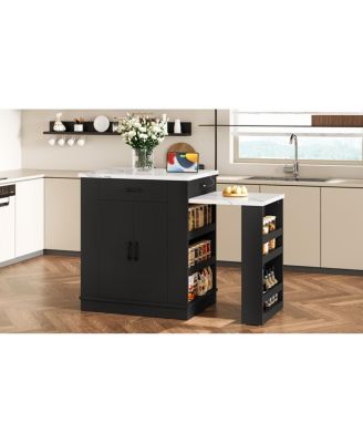 Extendable island console with drawers, cabinet, shelving, dining table, breakfast bar