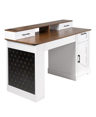 55" Farmhouse Office Desk with Storage, Barn Door Design, Keyboard Tray, Monitor Stand, White