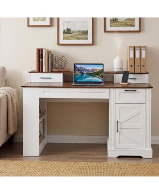 55" Farmhouse Office Desk with Storage, Barn Door Design, Keyboard Tray, Monitor Stand, White