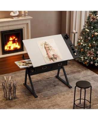 Adjustable Drawing Drafting Table Desk with 2 Drawers & Stool (White)