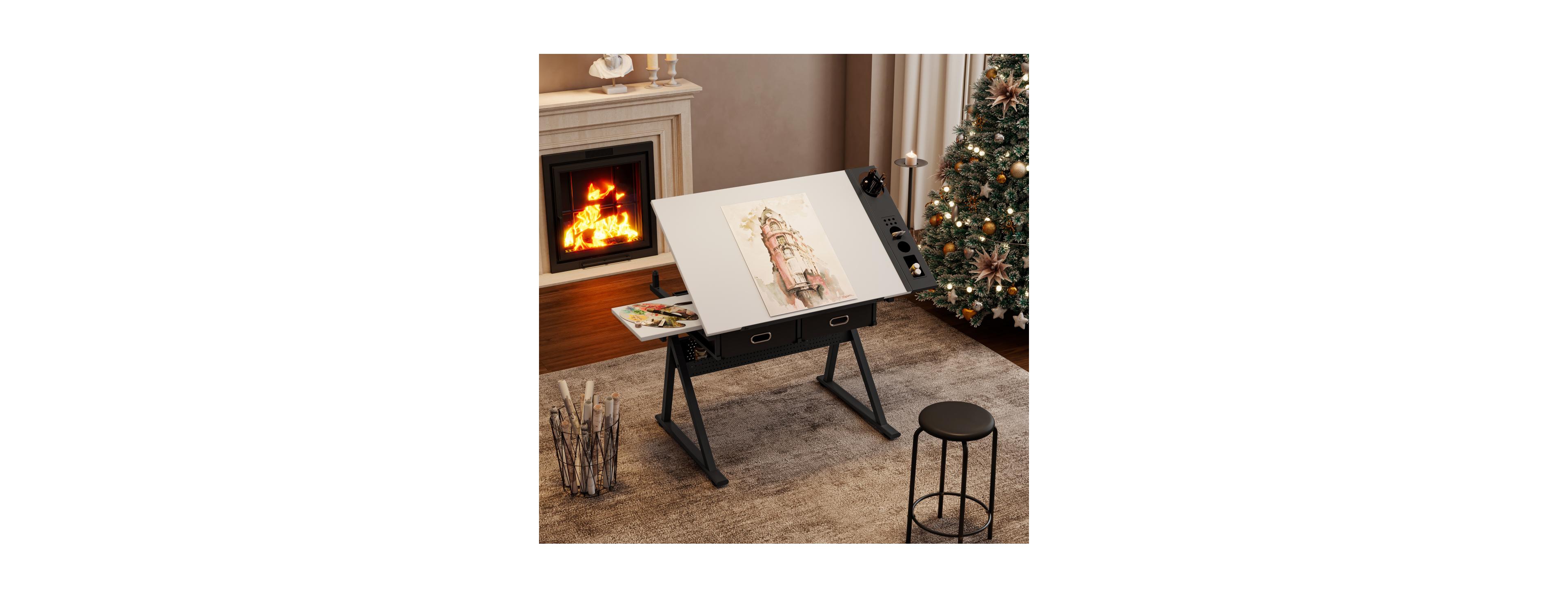 Streamdale Furniture Adjustable Drawing Drafting Table Desk with 2 Drawers & Stool (White)