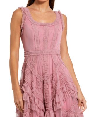 Women's Scoop Neck Sleeveless Mesh Micro Ruffle Midi Dress