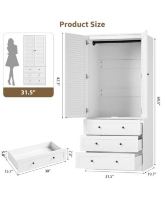 Armoire Wardrobe Closet with Drawers, 69.5" Wooden Wardrobe Cabinet with Hanging Rod & Doors, White