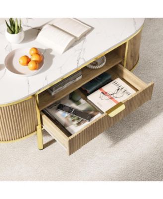 48" Oval Coffee Table with Fluted Design & Faux Marble Top, Modern Center Table with Drawers