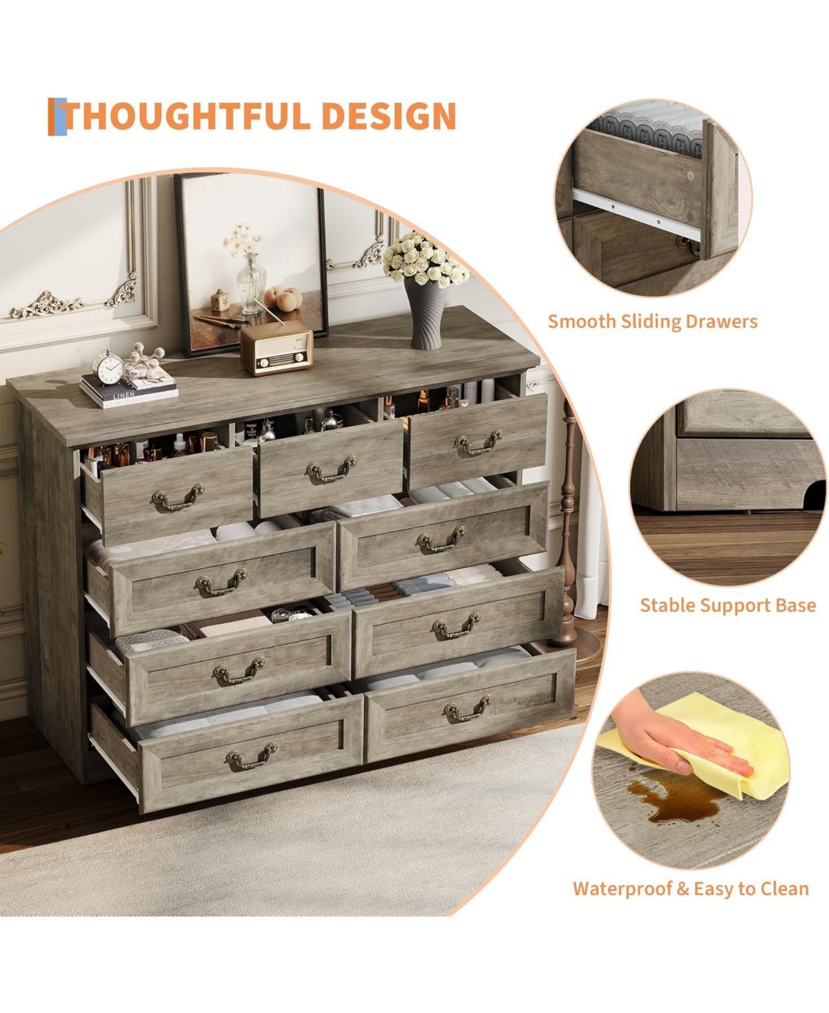 gaomon Farmhouse 9-Drawer Dresser, Rustic Vintage Chest with Natural Texture, Spacious Storage Organizer