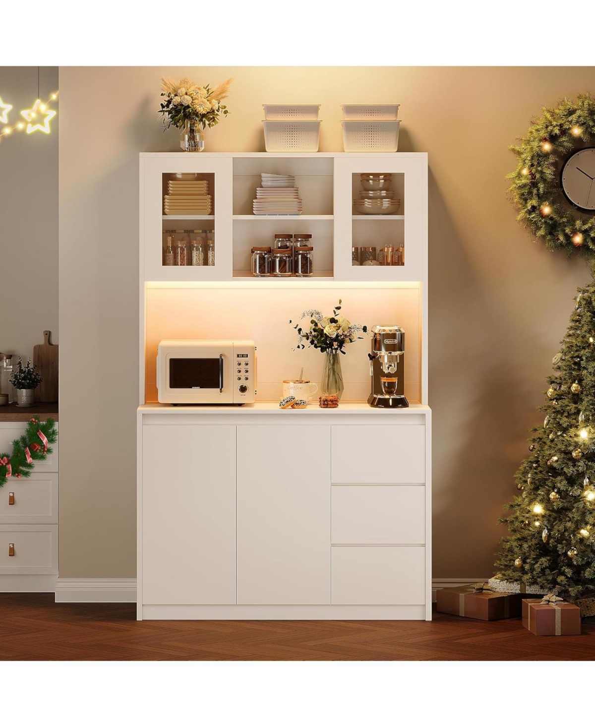 gaomon Kitchen Pantry Cabinet with Charging Station, Tall Storage Cabinet with Countertop, Drawers and Glass Doors