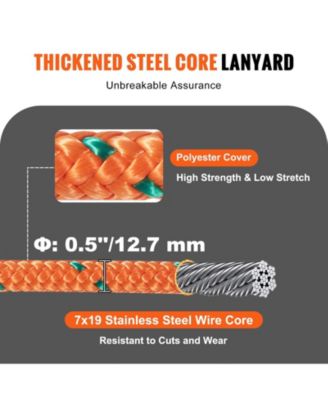 1/2" x 8' Steel Core Arborist Flipline, Tree Climbing Flip Line with Alloy Steel Snap Hook, Aluminum Carabiner, Tool Lanyard