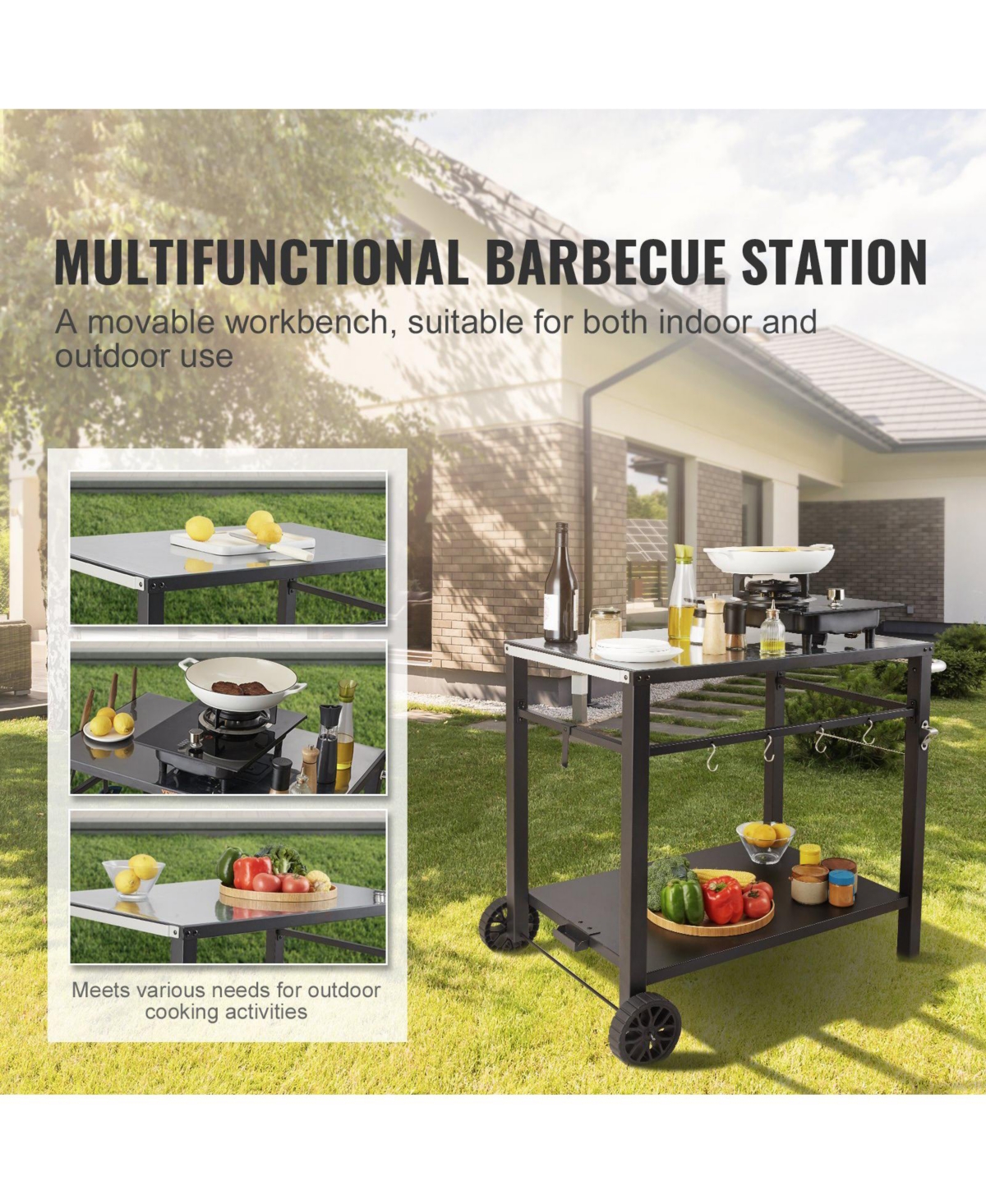 Volenca Outdoor Grill Dining Cart, Double Shelf, Iron Top, 2 Wheels, Carry Handle, Food Prep Table