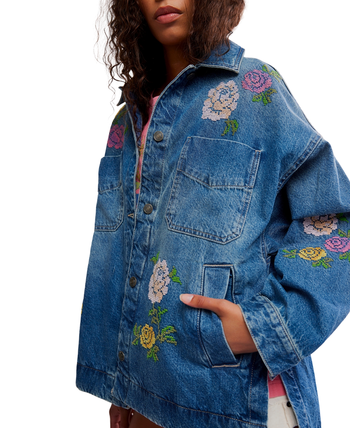 Free People Women's Madison Embroidered Denim Shirt Jacket