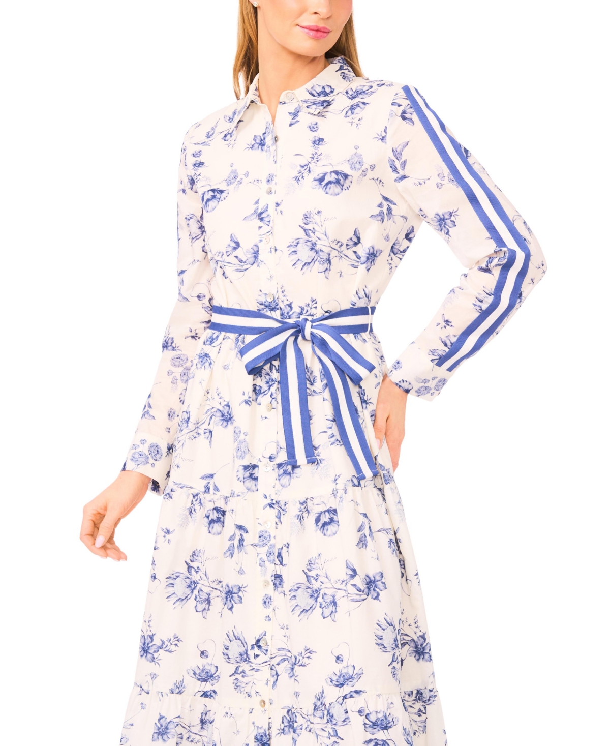 CeCe Women's Long Sleeve Shirt Dress with Tie at Waist